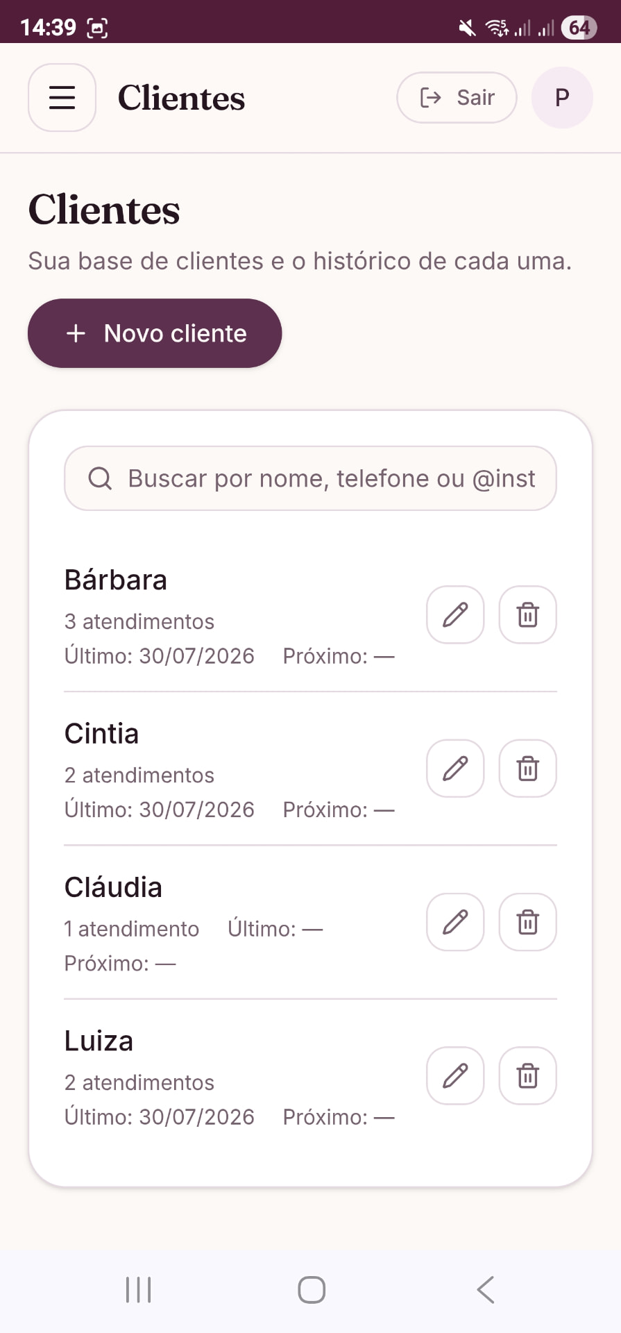 Tela de Clientes da Liora