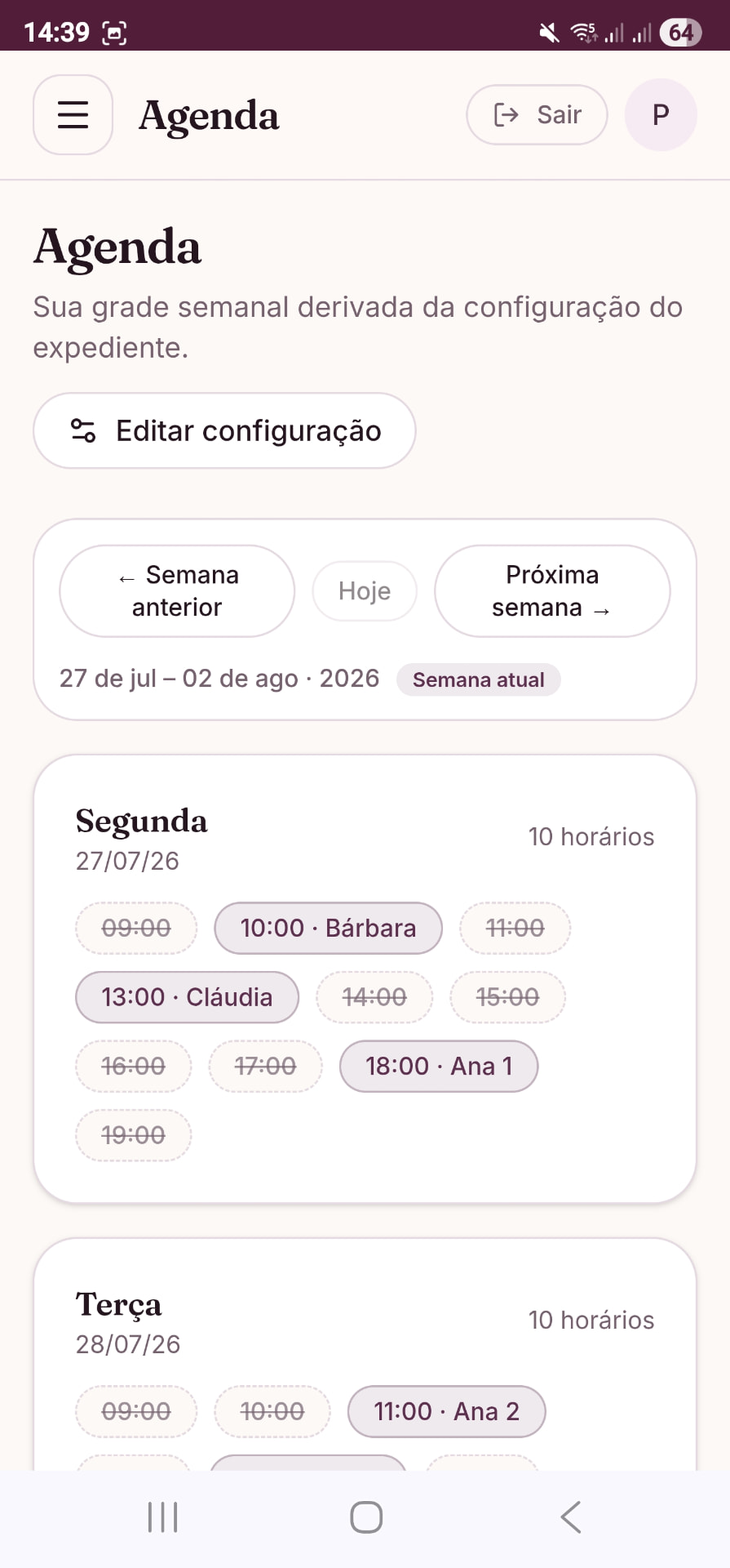 Tela da Agenda da Liora