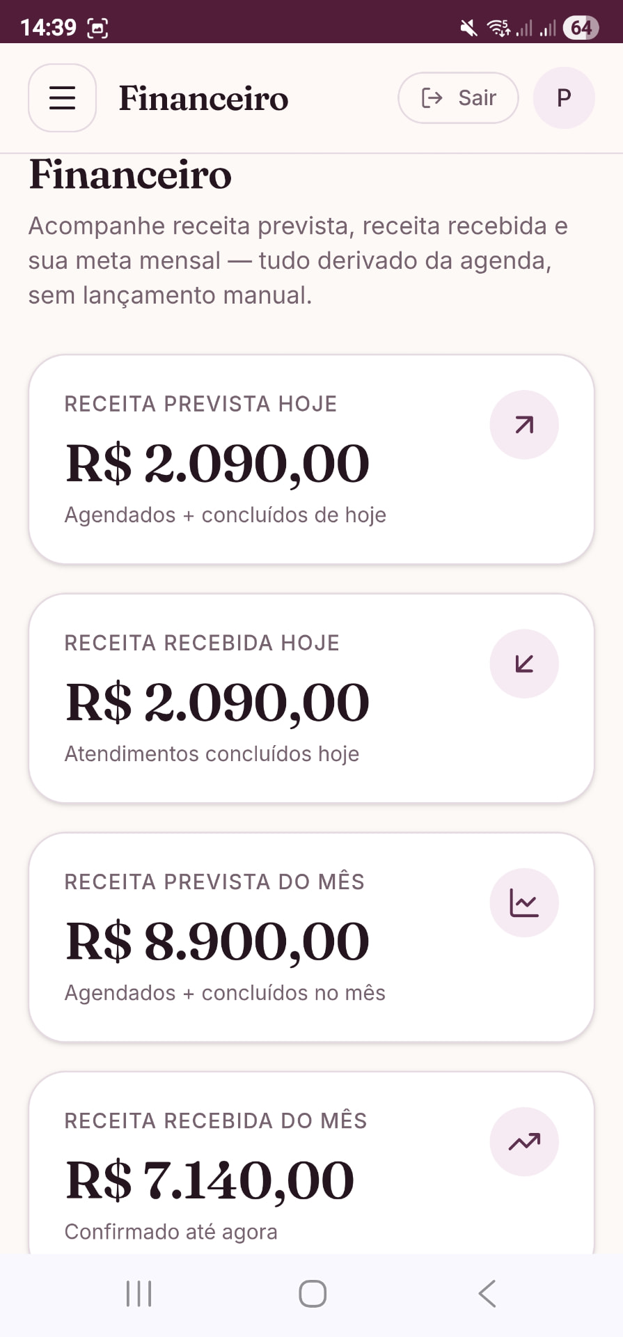 Tela Financeira da Liora